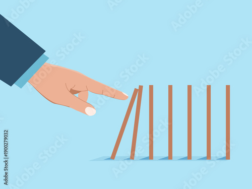 Domino effect. Vector illustration of a hand pushing a domino stick.