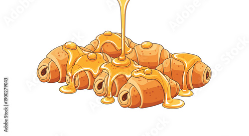 Golden-brown croissants stacked and generously drizzled with golden honey, delicious appetizing breakfast.