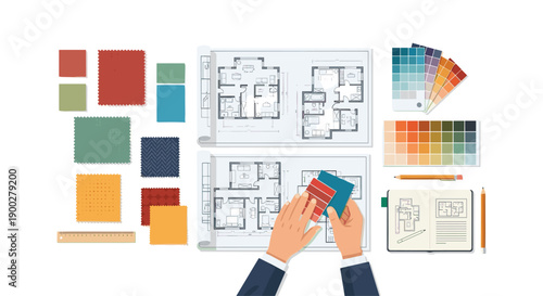 Designer's hands reviewing architectural plans with fabric swatches, color palettes, and a notebook, design process.