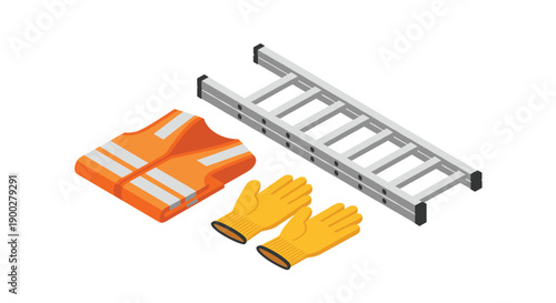 Isometric view of orange high-visibility vest, yellow work gloves, and an extendable ladder, construction safety.