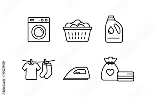 Set of laundry icons including washing machine, basket, detergent, clothesline, iron, and laundry bag