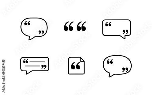 Collection of quotation mark icons and speech bubble symbols for communication and dialogue