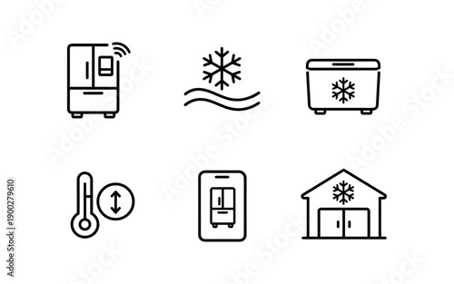 Collection of modern line icons representing refrigeration and smart home technology