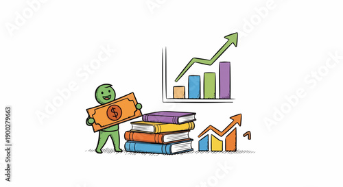 Cartoon character holding money next to stack of books and growing business graph, concept of financial education
