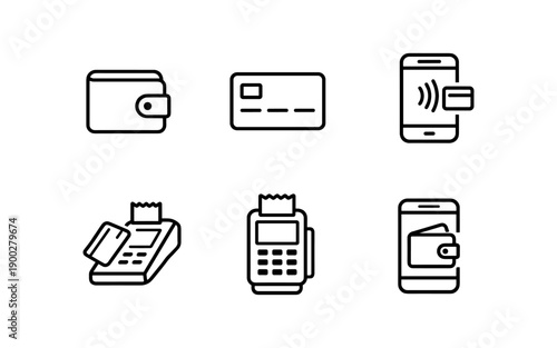 Set of icons representing different payment methods and financial transactions