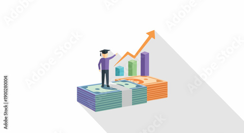 Financial education and investment concept. Student on money stacks with growing bar chart, representing academic success, career development, and future wealth.