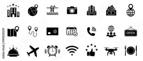 Tour and travel icon set. Hotel service.