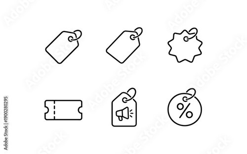 Collection of sale and discount tags, tickets, and labels in a simple outline style
