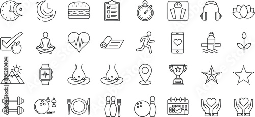 Black and white line icon set representing health, wellness, fitness, mindfulness, nutrition, sleep, and lifestyle activities, perfect for wellness branding, fitness design, and healthy 