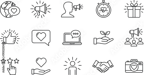 Black and white line icon set featuring communication, appreciation, growth, and social interaction symbols, ideal for marketing, wellness, teamwork, and creative design projects