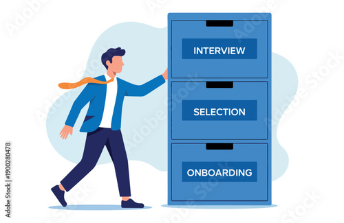 A cartoon man walking towards a blue filing cabinet labeled interview, selection, and onboarding
