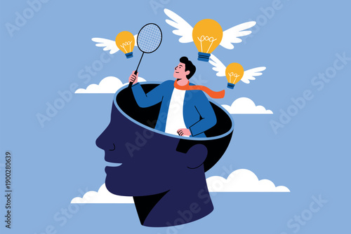 A man with a creative idea holds a badminton racket emerging from a giant head with lightbulbs and wings.