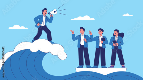 A group of businesspeople standing on a wave with one person holding a megaphone, symbolizing leadership and communication.
