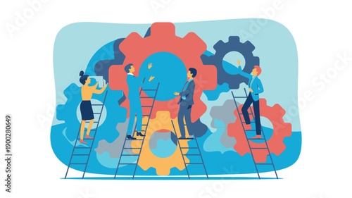 A team of people working together to build and maintain a large gear system