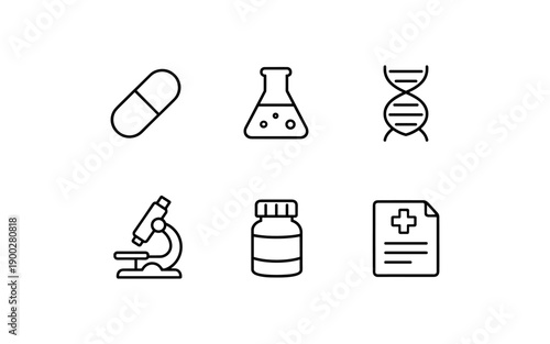 Collection of medical and science icons including DNA, microscope, pill, and lab equipment