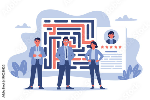 Three business professionals standing in front of a large maze and resume, symbolizing career path and job search