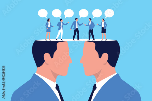 A split brain illustration representing conflicting thoughts and opinions in a business setting with people communicating on top of it.