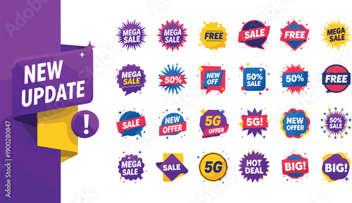 Colorful promotional badge and label collection featuring sale, discount, update, and offer tags, perfect for marketing, e‑commerce, advertising, and digital campaign design projects