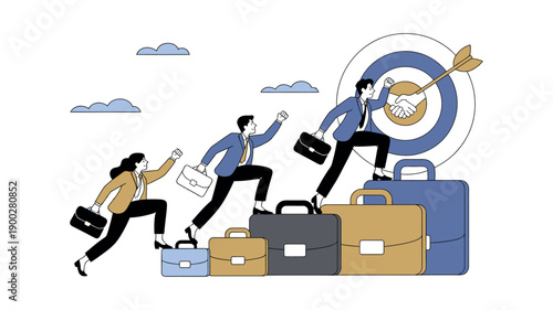 Three business professionals jumping over briefcases to reach a target with a handshake and arrow, symbolizing career goals and success.