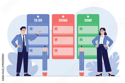 A man and woman standing next to large to-do list cards for organization and productivity