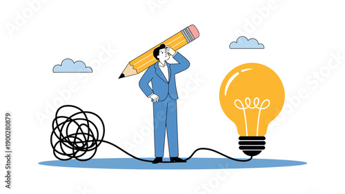 A cartoon businessman with a giant pencil on his shoulder has an idea with a lightbulb and scribbled thoughts.