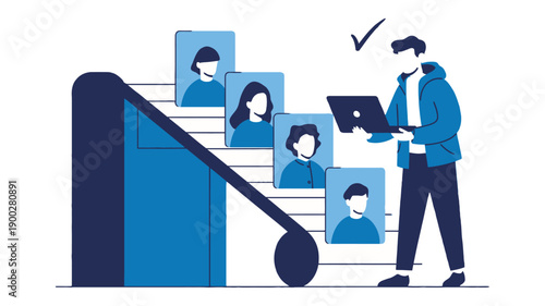 A man in blue clothing is standing next to an escalator with people on it, holding a laptop and looking at it with a checkmark above his head.