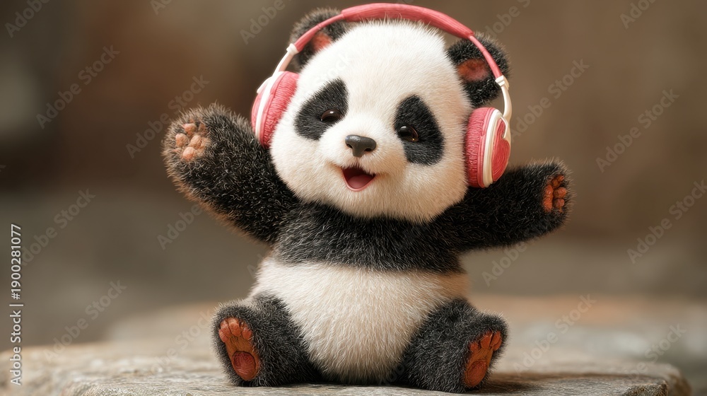 Obraz premium Adorable baby panda with headphones listening to music on rocks.