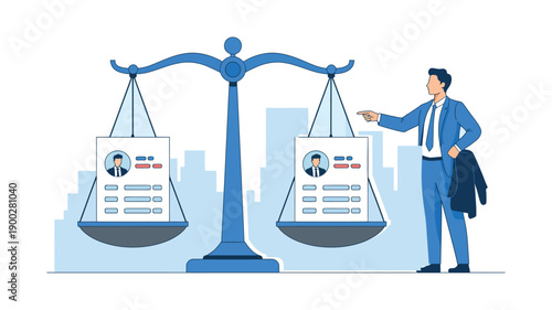 A businessman in a blue suit balances two resumes on a scale, symbolizing fair hiring practices in a cityscape.