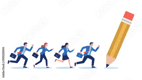 A group of business professionals rushing to catch up with a giant pencil, symbolizing creativity and innovation in the workplace.