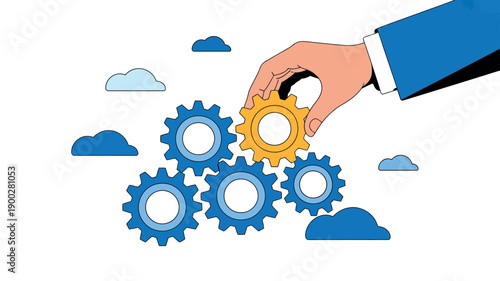 A hand in a business suit placing a yellow gear among blue gears and clouds, symbolizing teamwork and innovation.