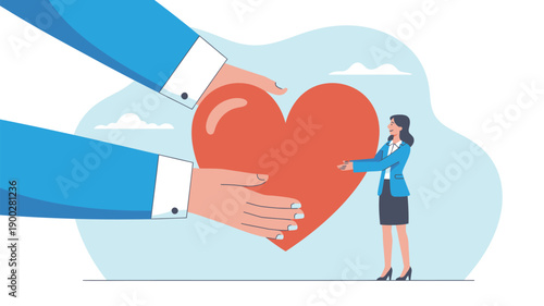 A woman receives a large red heart from a pair of hands in a symbolic gesture of love and support