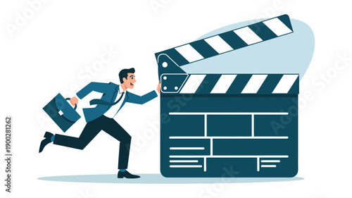 A businessman in a suit runs quickly towards a large movie clapperboard with a briefcase in hand.