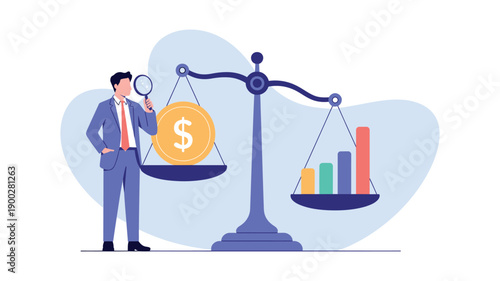 A businessman in a suit weighs money and graphs on a scale, symbolizing financial analysis and balance.
