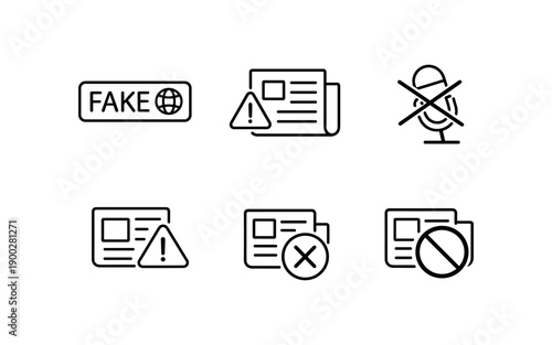Collection of icons representing fake news, warnings, and censorship in media and communication