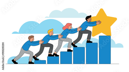 A group of people working together to reach a star on top of a bar graph