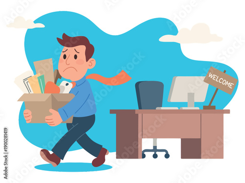 A stressed man carrying a box of belongings out of an office with a welcome sign on the desk