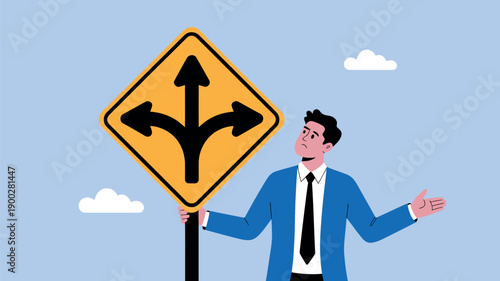 A confused businessman stands beside a road sign with multiple arrows, symbolizing uncertainty and decision-making in a professional setting.