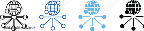 Stylized global connectivity icon set featuring globe with nodes, network lines, and data points in black and blue designs, ideal for internet, communication, and technology themes