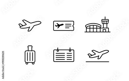 Collection of simple line icons representing air travel and airport services