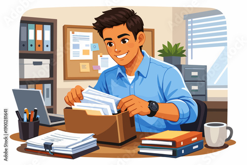 Office worker organizing documents at desk illustration for productivity, paperwork and business workflow