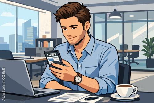 Young businessman reading news on smartphone while working on laptop in modern office illustration