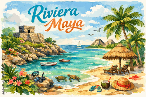 Riviera Maya tropical beach illustration with turquoise sea, palm trees and coastal landscape