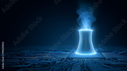 Digital Nuclear Power Plant Cooling Tower Glowing on High-Tech Blue Circuit Board for Green Energy and AI Data Center Power Concept