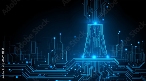 Digital Nuclear Power Plant Cooling Tower Glowing on High-Tech Blue Circuit Board for Green Energy and AI Data Center Power Concept