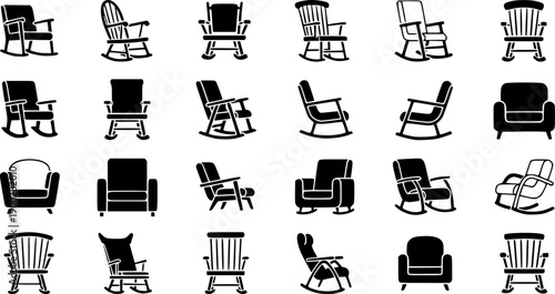 Black and white flat design rocking chair icons set with different seat shapes and armrest styles collection
