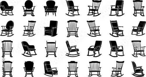 Black and white flat design rocking chair icons set with different seat shapes and armrest styles collection
