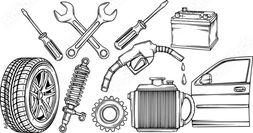 Detailed black and white line art of car parts including tire, crossed wrenches, screwdriver, battery, fuel nozzle dripping fuel, shock absorber, radiator, gear and vehicle doors