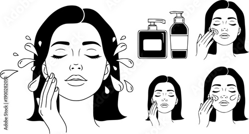Black and white flat design skincare routine icons with woman cleansing face applying cream and water droplets

