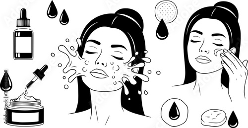 Black and white flat design skincare routine icons with woman cleansing face applying cream and water droplets
