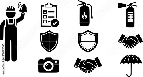 Black and white safety icons collection with worker ringing bell checklist fire extinguisher shield camera handshake and umbrella protection

